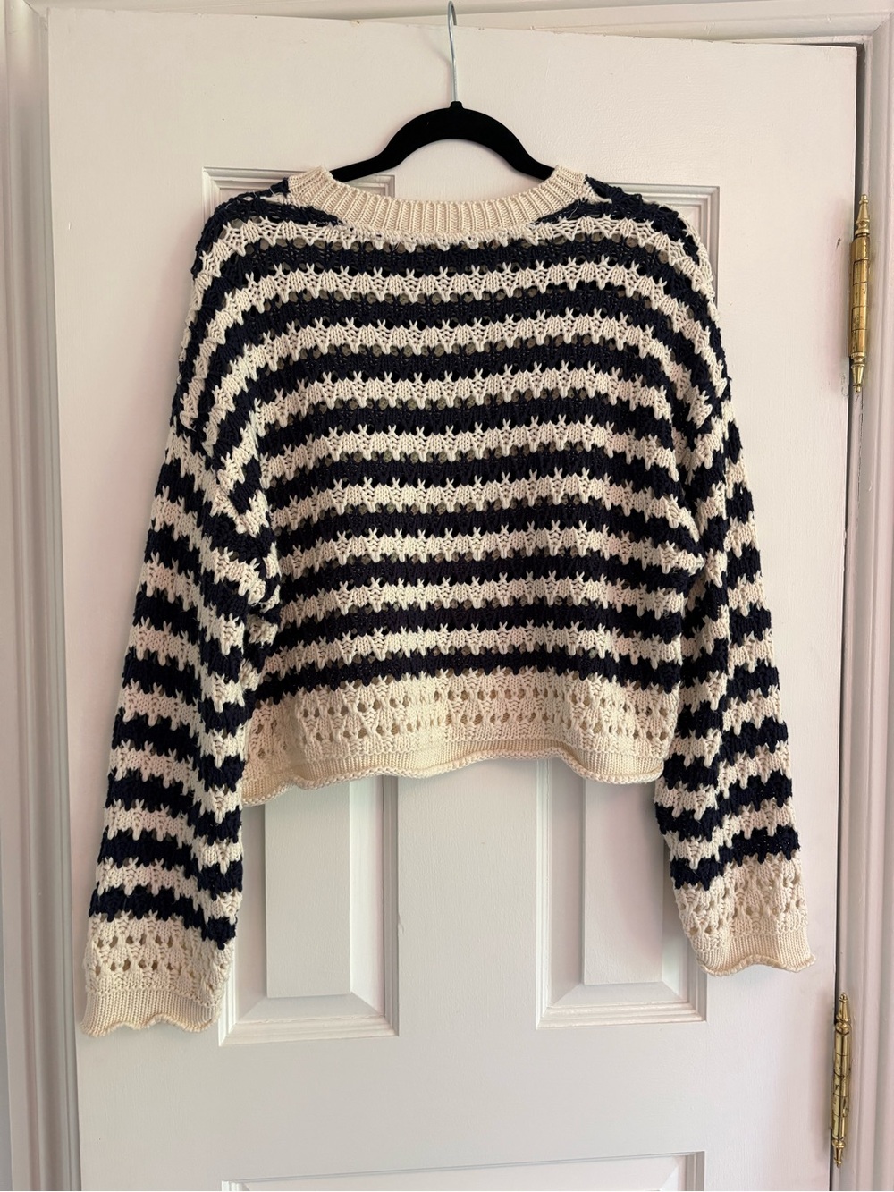 Pull&Bear Cream and Navy Striped Crochet Knit Crewneck Sweater